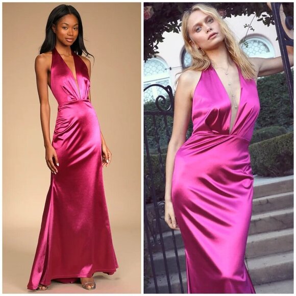 NWT Lulus Beguiling Beauty Magenta Satin Halter Mermaid Maxi Dress Women’s Small - Picture 1 of 12